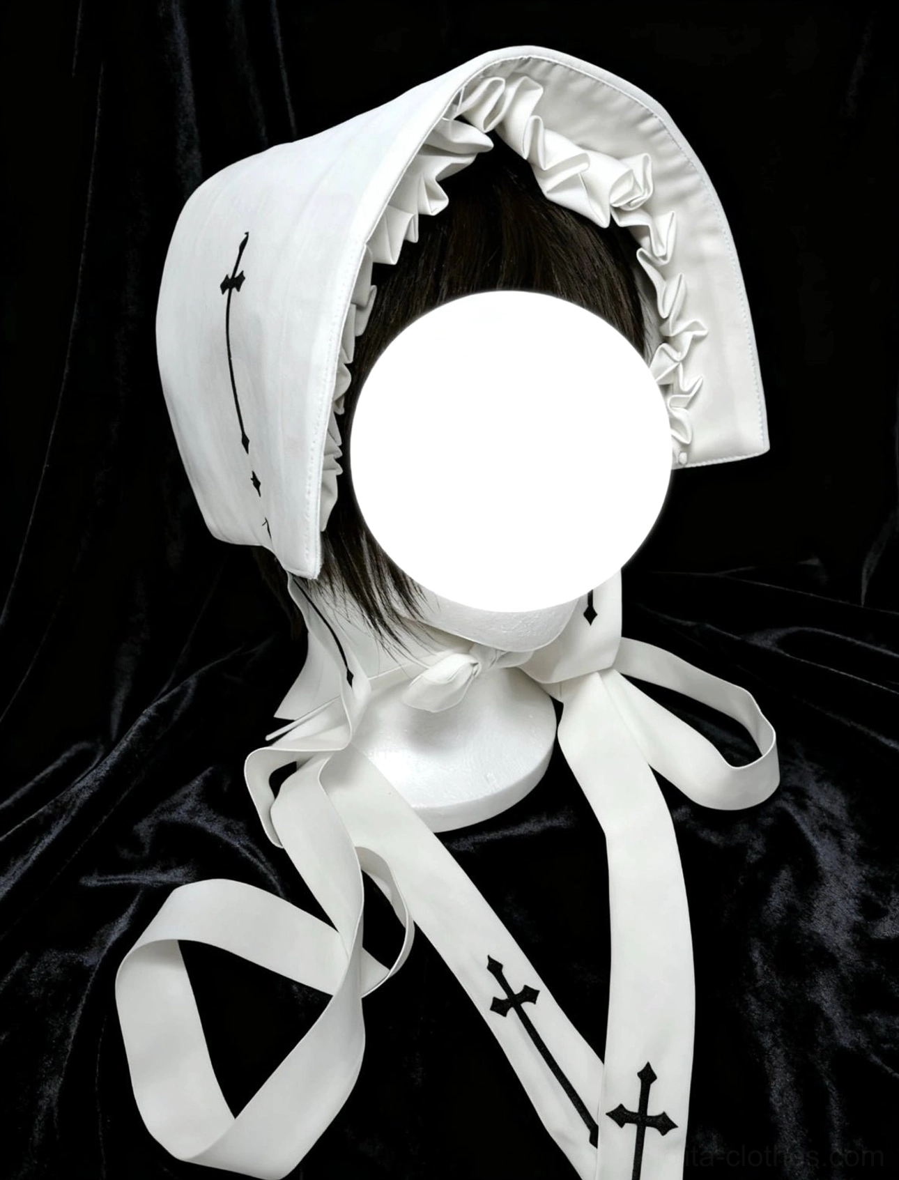 Complete gothic nun lolita coordinate showing layering potential, nun bonnet, cross-trimmed sashes and styling versatility for lolita fashion