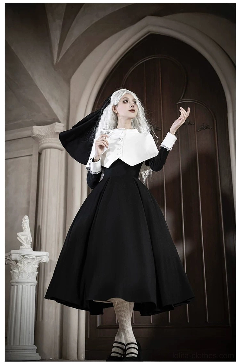 Gothic nun lolita dress worn church setting ecclesiastical photo shoot aesthetic