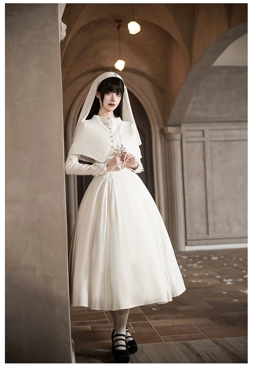 Gothic nun lolita dress worn with coordinated accessories complete outfit styling