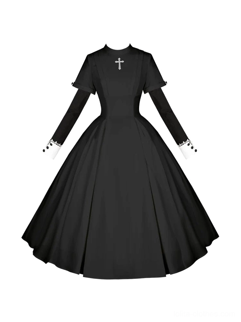 Gothic nun lolita dress cross embroidery front bodice ecclesiastical detail