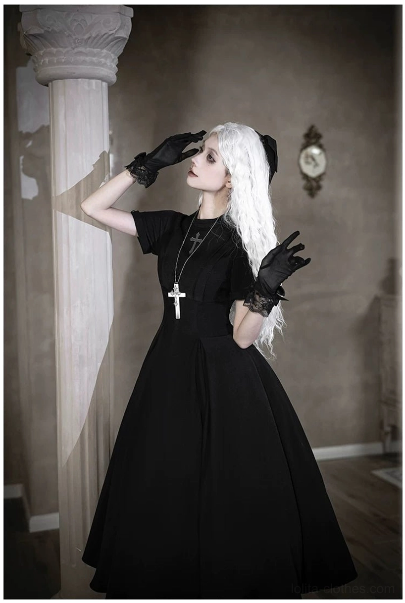 Gothic nun lolita dress modeled styled lace stockings platform footwear coordination