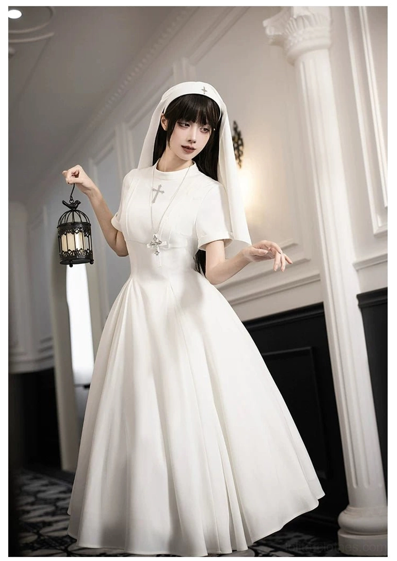 Gothic nun lolita dress neckline cross embroidery detail ecclesiastical symbolism