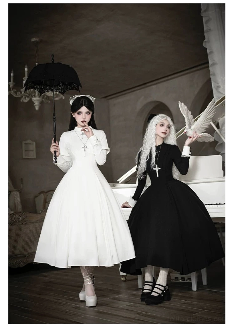 Gothic nun lolita OP dress worn with platform loafers black stockings ecclesiastical styling