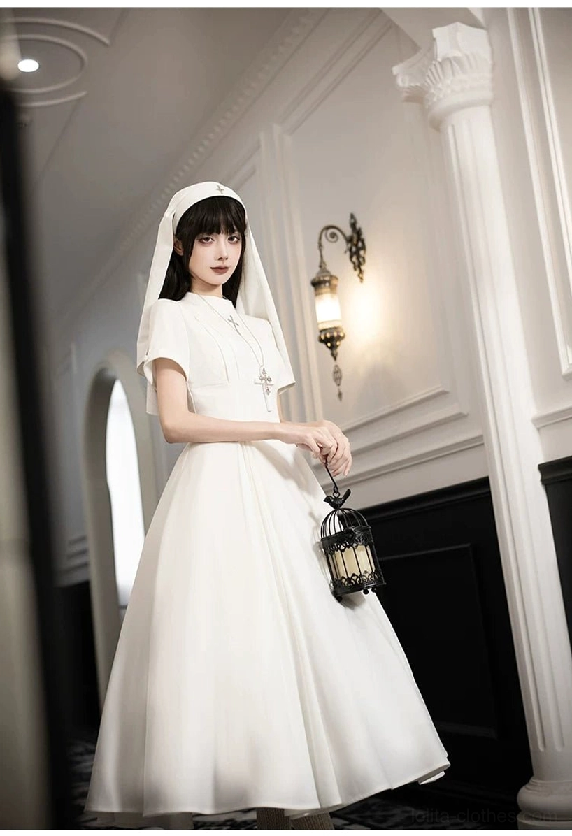 Gothic nun lolita dress side view silhouette A-line skirt volume proportions
