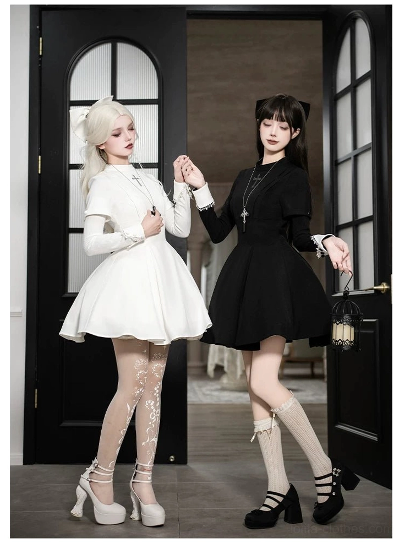 Gothic nun lolita dress styled with white dove prop religious themed photo shoot ecclesiastical