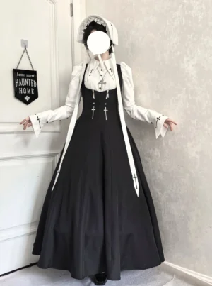 Full-body front view of gothic nun lolita JSK coordinate set with black-and-white color scheme, cross embroidery details, and nun headwear at indoor doorway