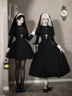 Black and white gothic nun lolita OP dress front view double model shoot church corridor ecclesiastical fashion