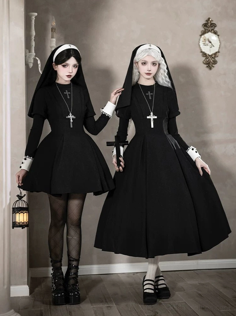 Black and white gothic nun lolita OP dress front view double model shoot church corridor ecclesiastical fashion