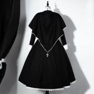 Back view of Gothic Lolita one-piece dress showing cross pendant detail at waist and scalloped lace hem, rear full view on dress mannequin