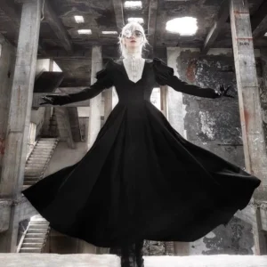 Gothic nun-style lolita OP dress full front view abandoned ruins industrial aesthetic dark romantic black maxi dress beige stand collar