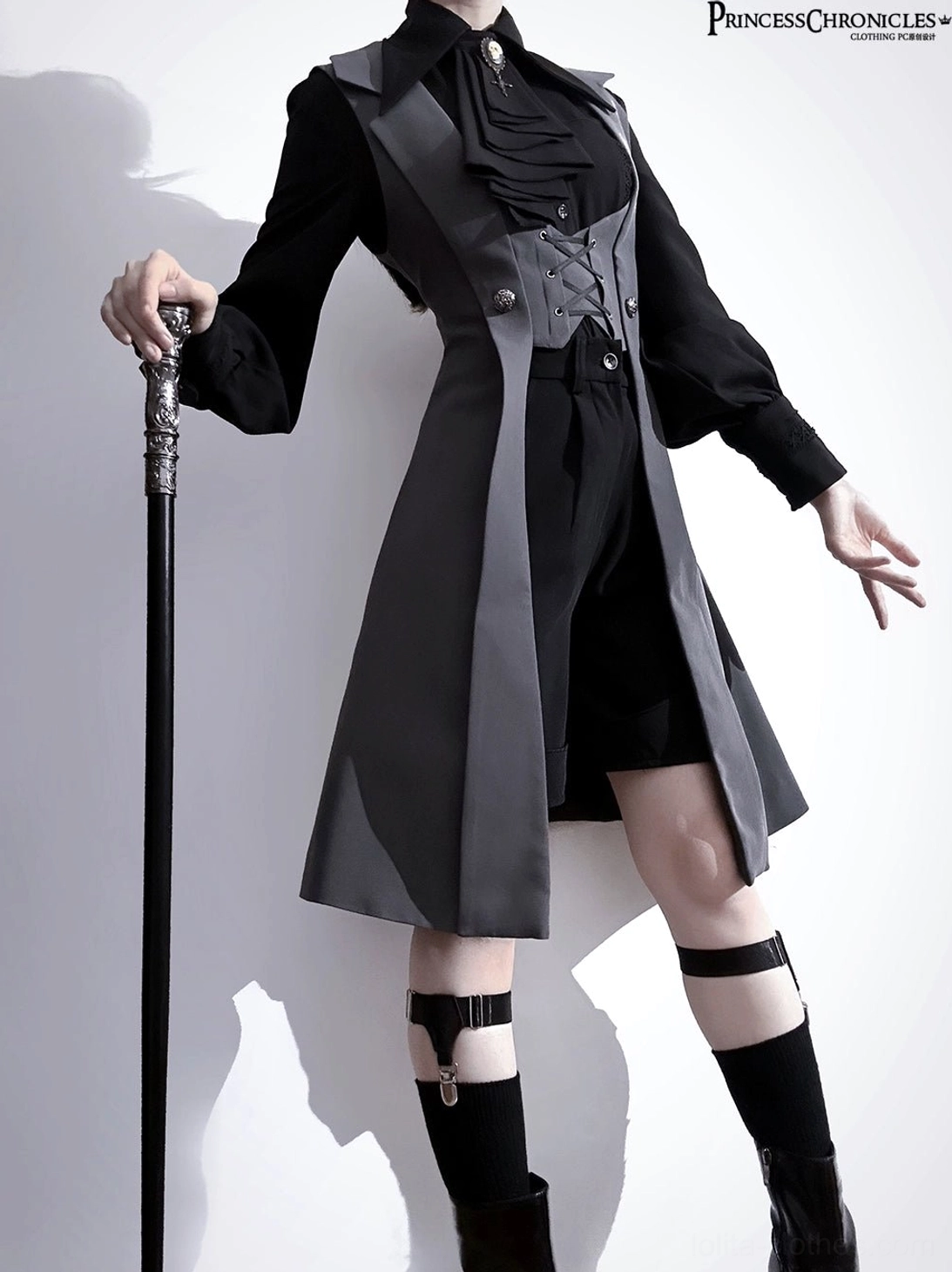 Black-gray bicolor Gothic Ouji Lolita waistcoat corset front trim smooth matte fabric right front three-quarter standing pose