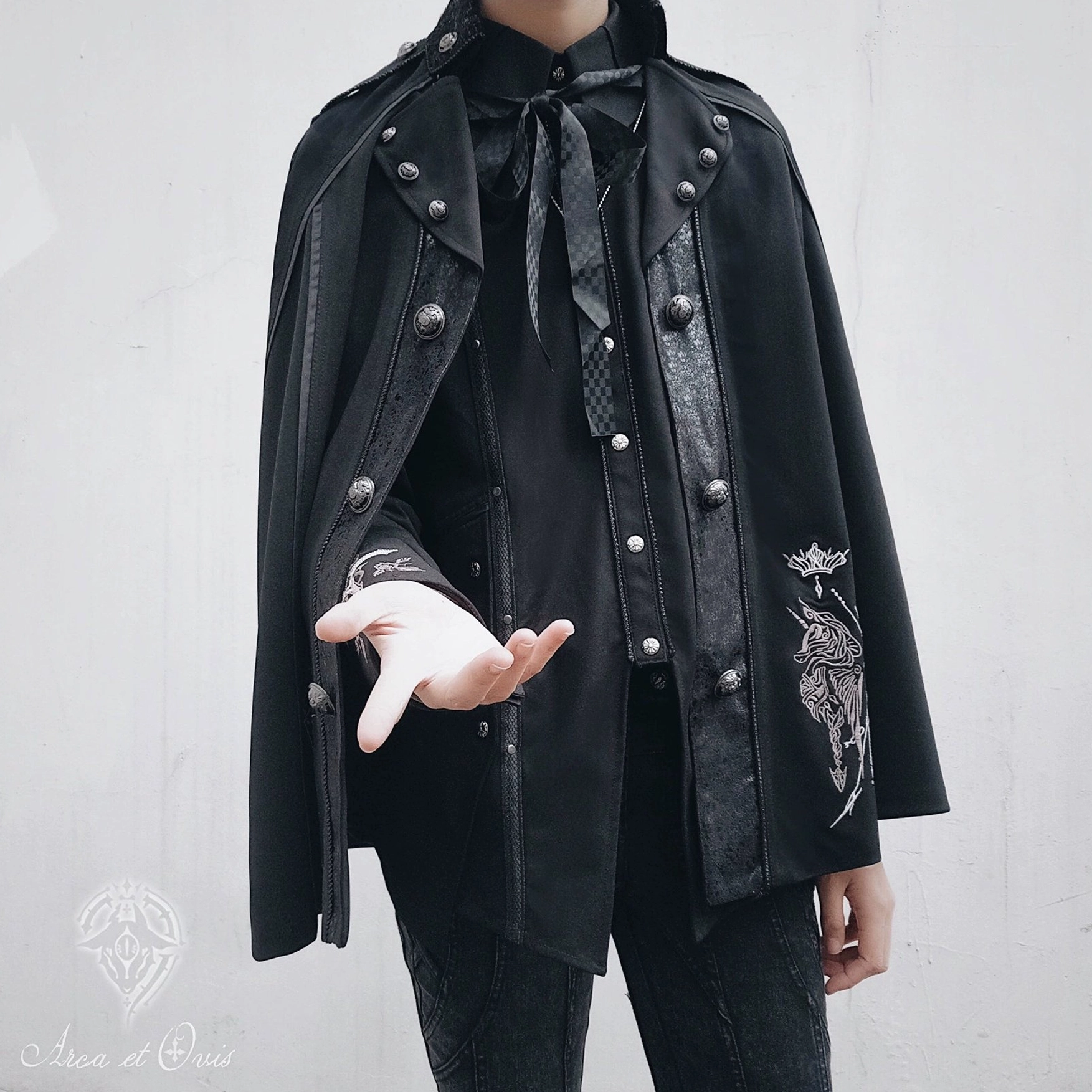 Front close-up half-body Gothic Ouji Lolita cape showing detachable bow necktie, double-breasted metal buttons, silver embroidery on lower front, layered cape and inner shirt design details