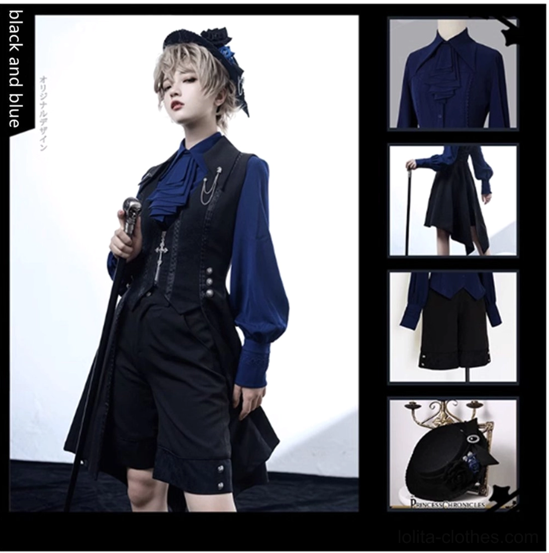 black and blue gothic Ouji lolita coordinate set full body model and flat lay product grid display vest shirt hat accessories