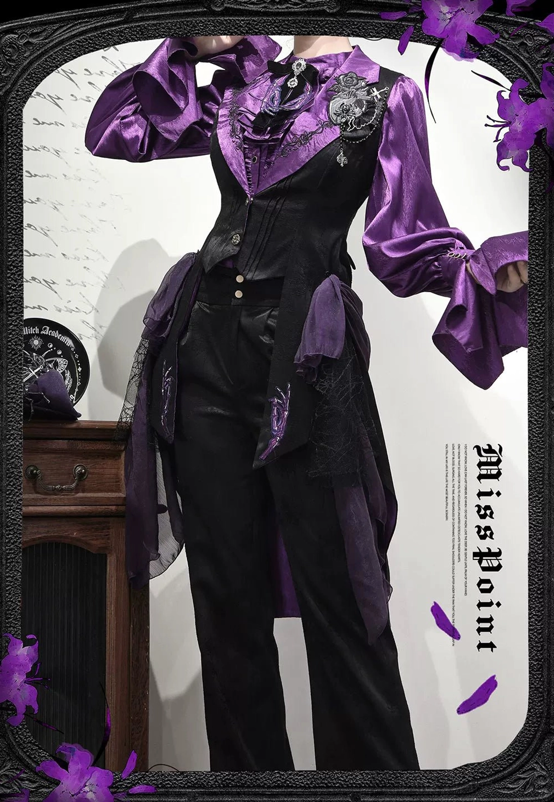 Gothic Ouji Lolita formal pants set with tailored vest and ruffled blouse vintage studio