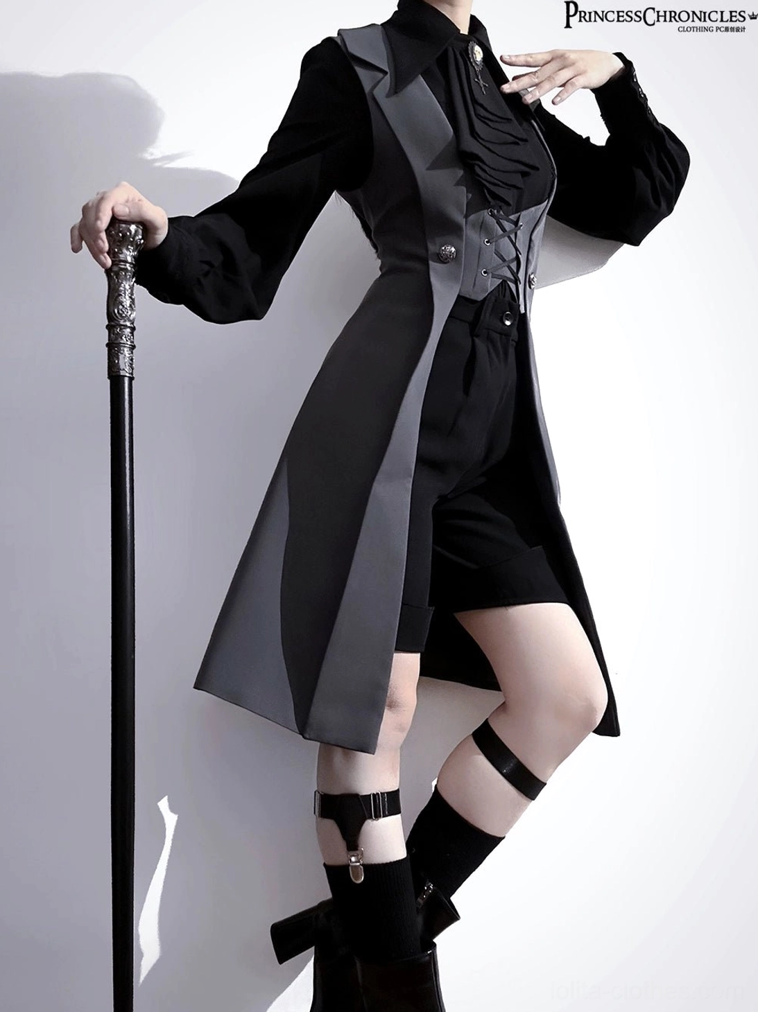 Gothic Ouji Lolita long waistcoat right side front full-body view corset front detail tailored vest leg buckle sock accessories