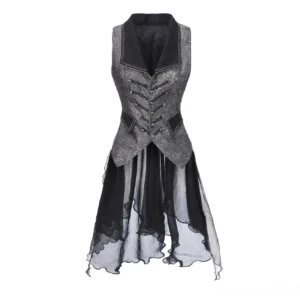 Gothic Ouji Lolita vest coat with detachable black mesh train front full-body view showing grey marbled fabric two-tone design and structured waist silhouette