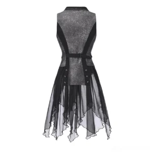 Gothic Ouji Lolita vest coat back view displaying adjustable waist belt ladder buckle system and asymmetrical sheer mesh skirt train detail