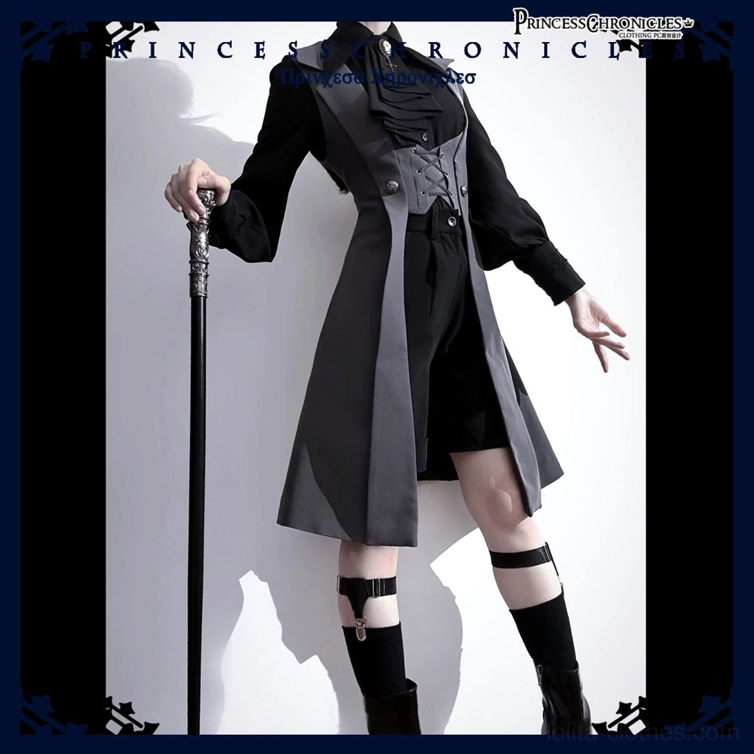 Gothic Ouji Lolita waistcoat vest bicolor fabric corset waist trim right front three-quarter view with vintage walking cane accessory