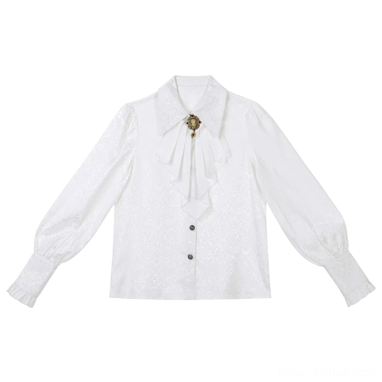 White jacquard blouse component gothic ouji lolita set removable ruffled jabot antique-style brooch crisp formal menswear-inspired neckline detail