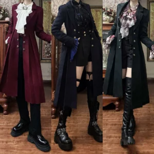 Two styles of Gothic Ouji Lolita winter wool coats burgundy and black gentleman outfits vintage home setting