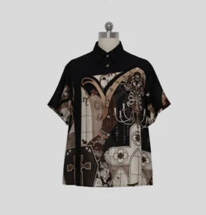 Gothic Ouji short sleeve blouse with retro church skeleton print displayed on dress form loose fit polo collar button front