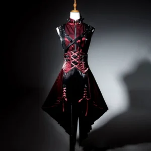 Sleeveless Gothic Ouji corset tank top with stand collar, front full-length zipper, cross buckle shoulder straps, four-pointed star pendants, wine red and black color blocking displayed on dress form