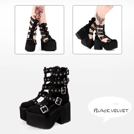 Gothic Lolita punk platform gladiator boots in black velvet suede finish with luxurious plush texture, showing the elegant matte surface and adjustable buckle construction