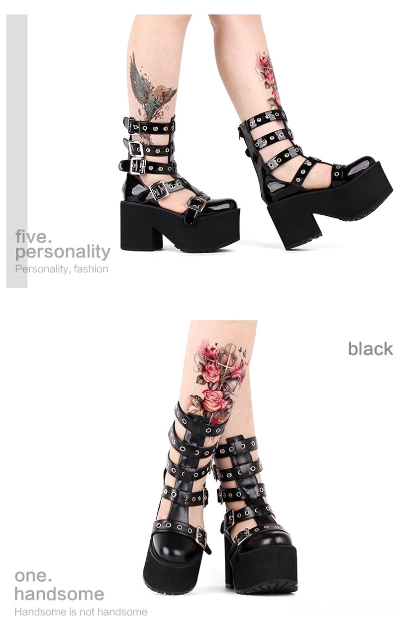 Alternative angle product showcase of Gothic Lolita platform gladiator boots highlighting the premium black patent leather finish and adjustable buckle strap system design