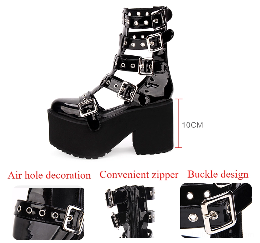 Product detail showcase of platform gladiator boots with side view, close-up of 10cm block heel with air hole grommets, side zipper closure, and silver buckle fasteners on white background