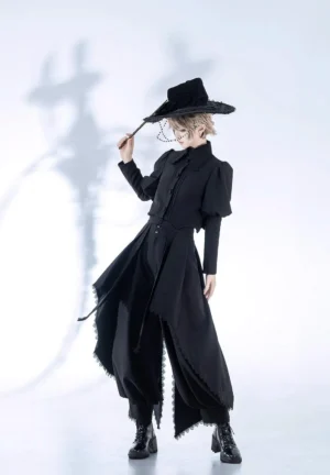 Gothic retro lolita witch costume side front angle showcasing structured tailoring mutton sleeve silhouette and wide leg pants with irregular hemline detailing
