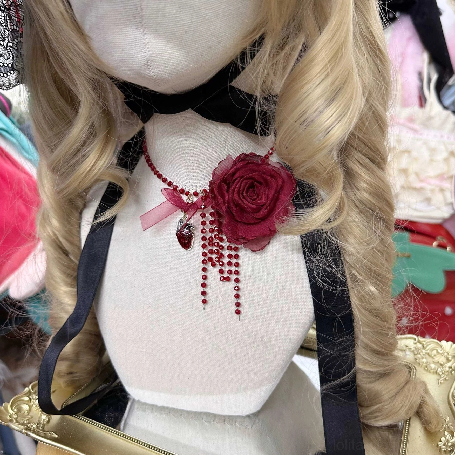 Gothic rose drop pendant choker necklace with wine red 3D rose and water drop bead tassel on black strap