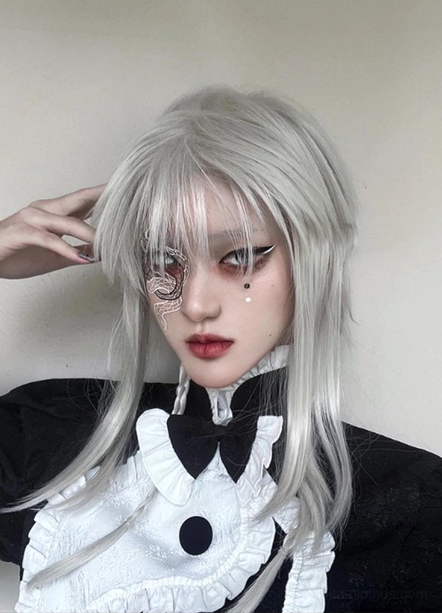 silver long lolita wig front close-up fluffy air bangs side braids straight hair maid outfit style