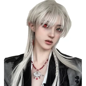 gothic silver-white lolita wig frontal view layered bangs side braids worn by model with dark outfit