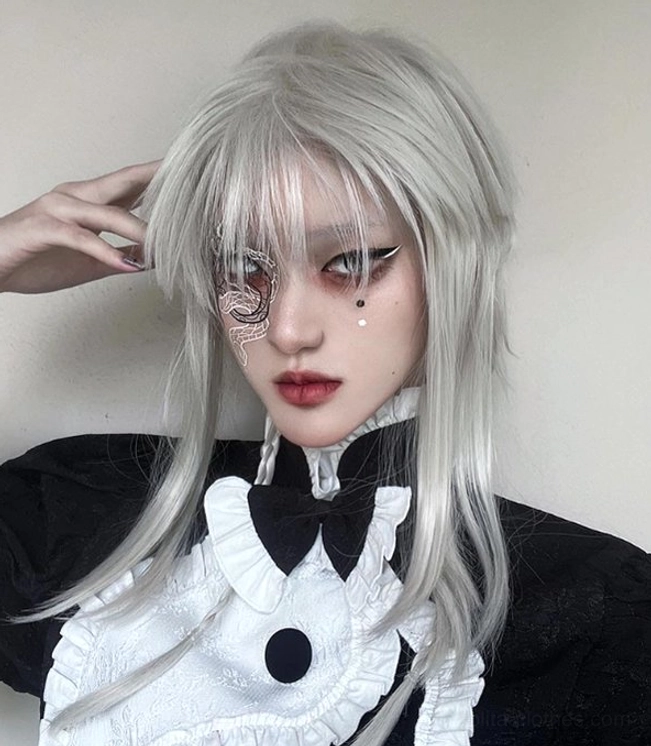 silver-white gothic lolita wig front close-up fluffy bangs braided side strands maid style outfit