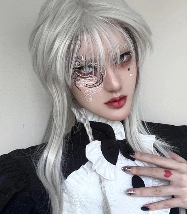 gothic white-gray full head lolita wig front three-quarter view natural layered hair neat bangs