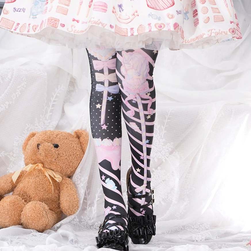 Gothic sweet Lolita printed pantyhose with black base featuring pink white bow skeleton cake and cartoon character prints