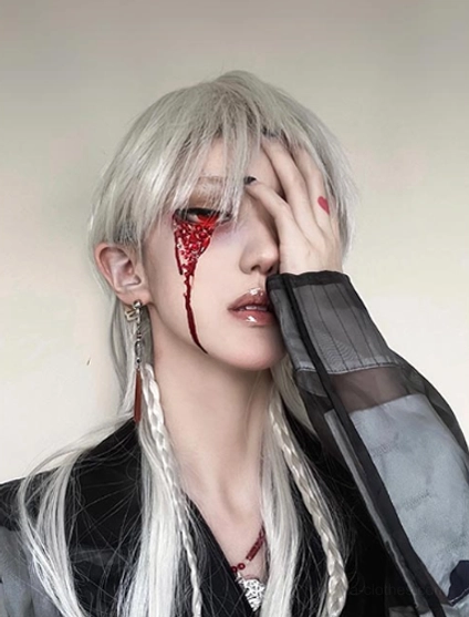 white-gray gothic lolita cosplay wig side profile with theatrical makeup twin braids long flowing hair