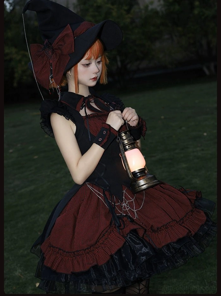 Gothic witch lolita outfit detail close-up side angle witch hat burgundy bow holding lantern
