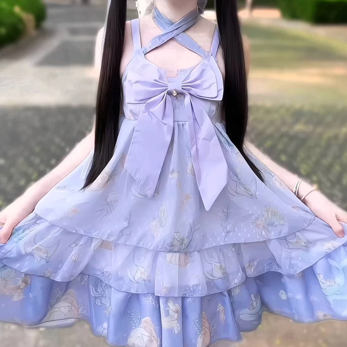 Gradient purple ocean sweetheart sweet lolita jumper skirt tiered ruffled skirt full length view