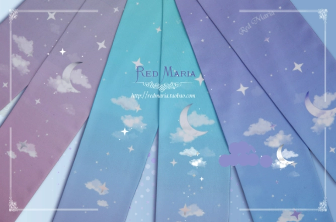 Four color variants of gradient starry cloud lolita tights flat lay display celestial motifs collection comparison