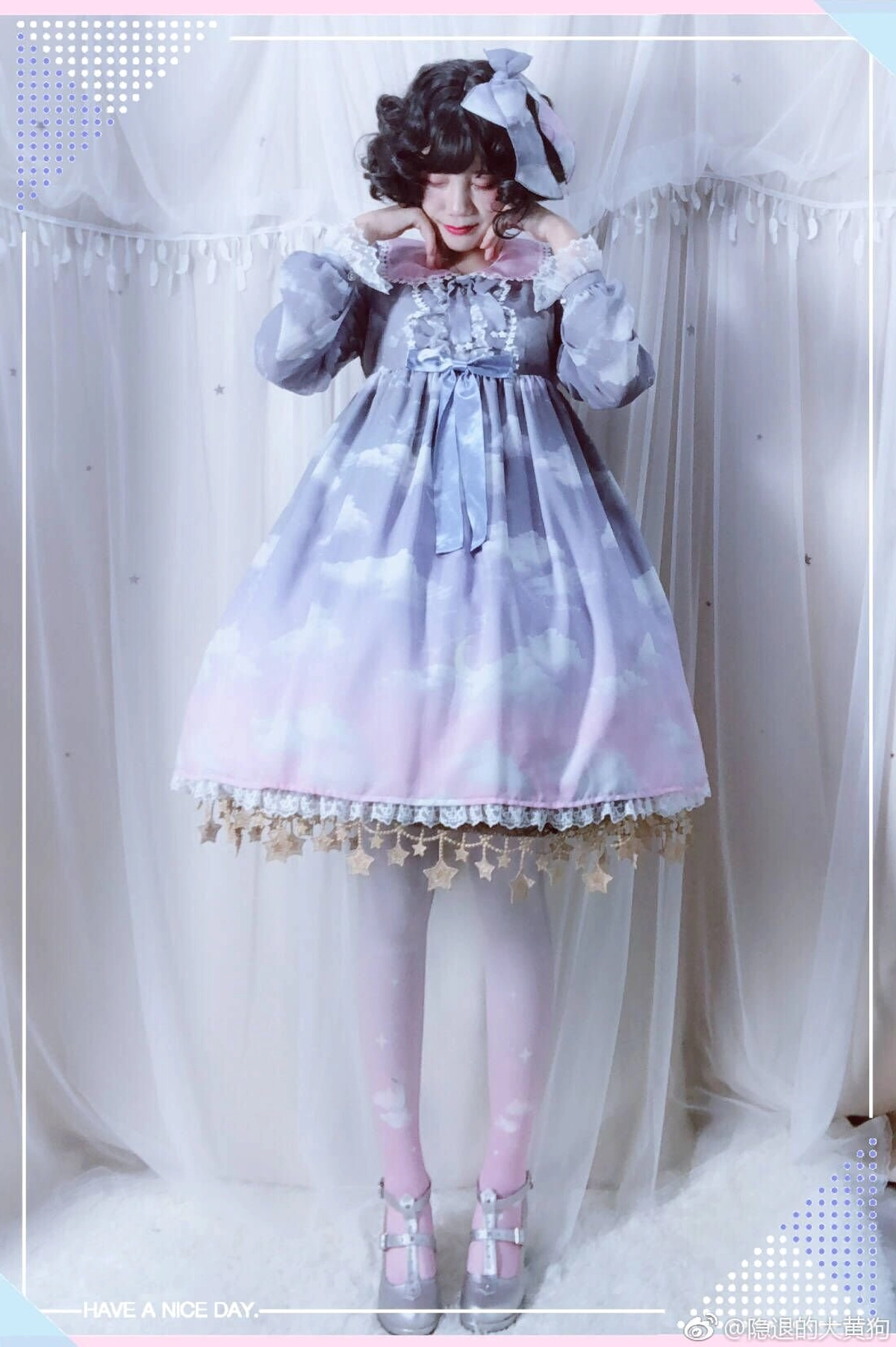 Gradient starry cloud lolita tights soft velvet finish flat lay overhead view celestial print all three color options grey pink