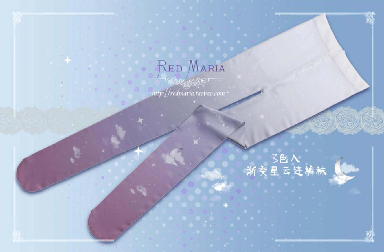 Gradient starry cloud velvet lolita tights flat lay overhead official watermark three color options celestial fantasy design