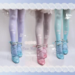 Model wearing gradient starry cloud 80D velvet lolita tights with Mary Jane shoes overhead view celestial fantasy design