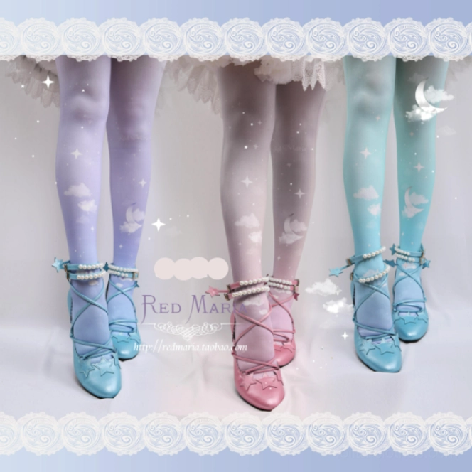 Model wearing gradient starry cloud 80D velvet lolita tights with Mary Jane shoes overhead view celestial fantasy design