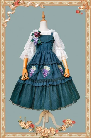 Grape Manor country lolita JSK jumper skirt dark green grape embroidery tiered ruffles front view mannequin display vintage frame