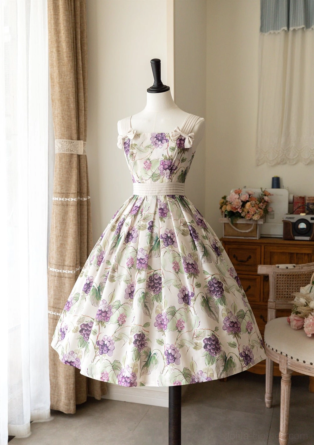 Grapes print lolita JSK dress full-length product shot on model showing complete silhouette, hemline proportions, and overall aesthetic