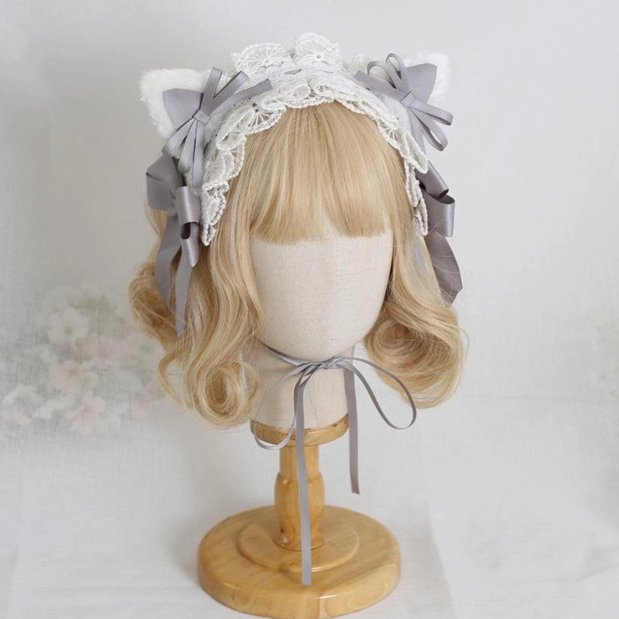 grass green cat ear lolita headband with nature-inspired satin bows white lace trim versatile styling display