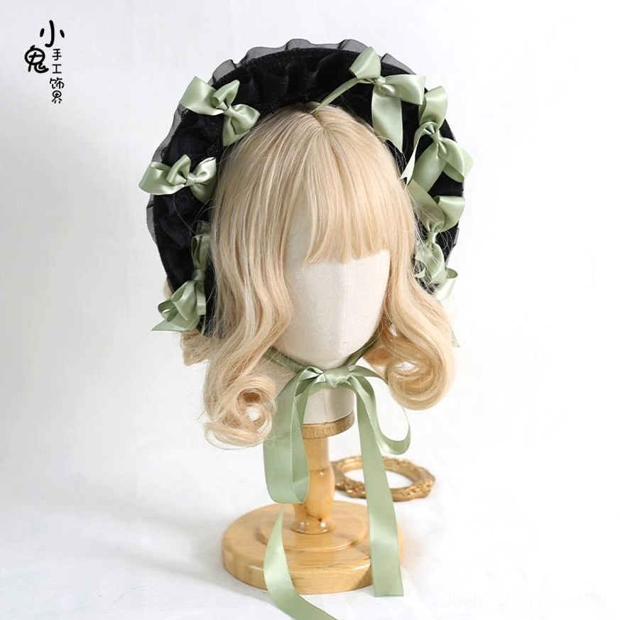 Grass green lolita bonnet hat with black ruffled lace trim detachable green satin bows unique headdress