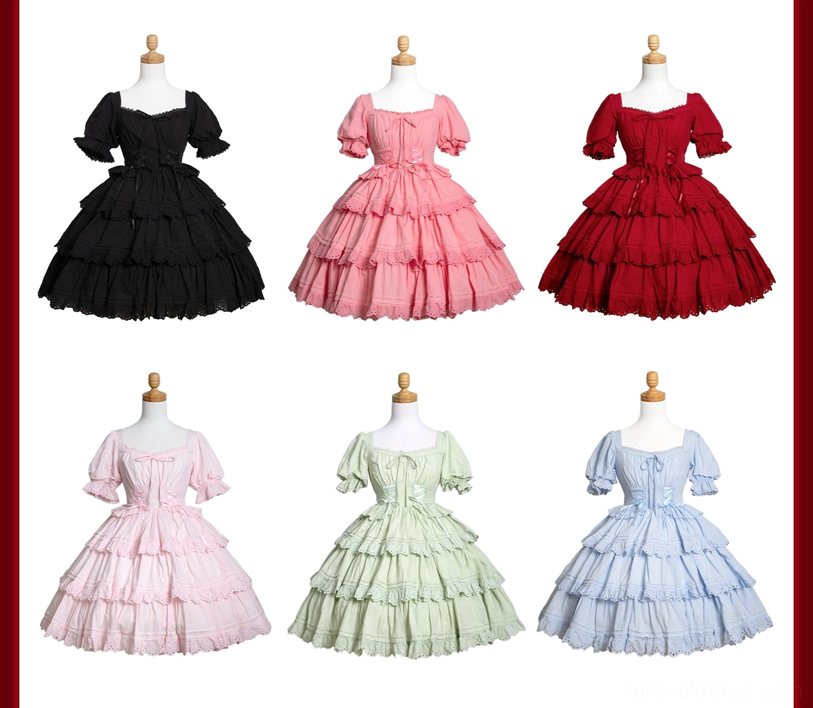 Sweet lolita OP one-piece dress in grass green with doll-like aesthetic, tiered cotton lace trim, puffed sleeves, large back bow, square neckline for classic romantic lolita silhouette