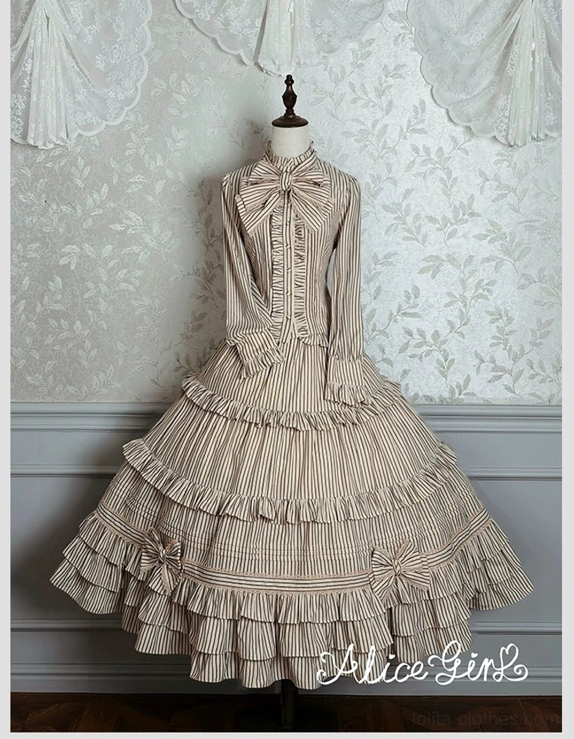 Double color comparison of gray-blue and brown striped lolita blouses showing both colorway options